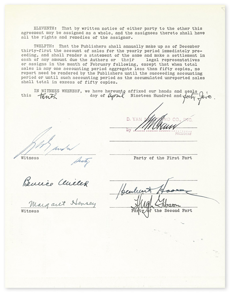 HOOVER, HERBERT. Typed Document Signed, book contract for The Basis of Lasting Peace,